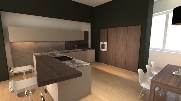 render, alternativa di come si potrebbe realizzare la cucina senza la porta di passaggio