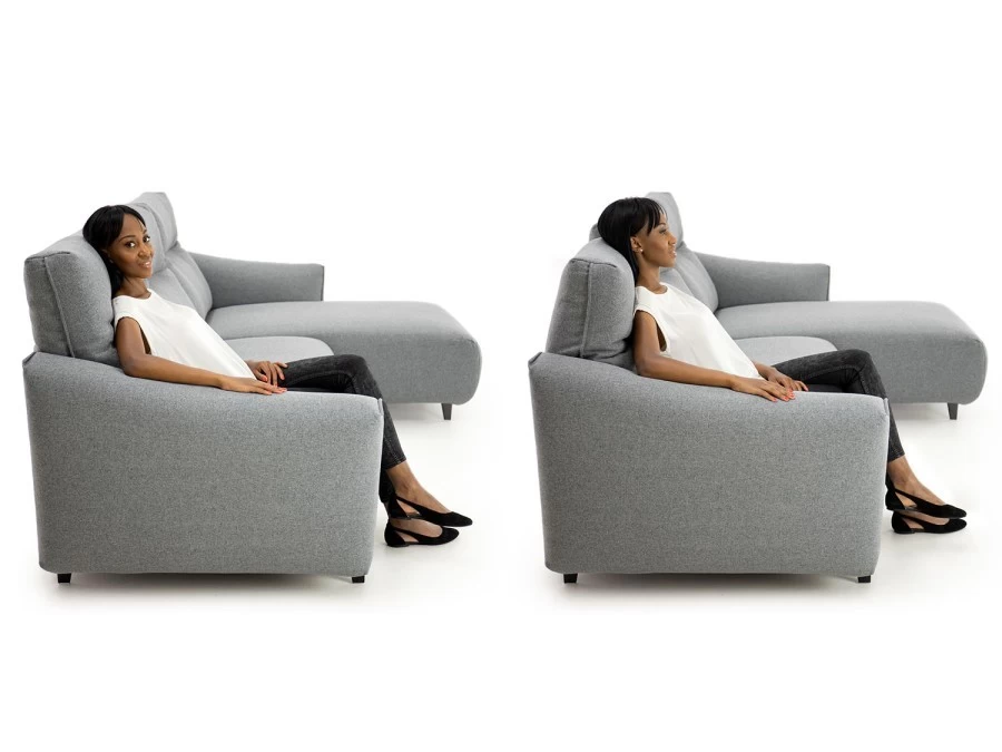 Esempio di seduta e proporzioni del divano Prado outlet con poggiatesta reclinabili